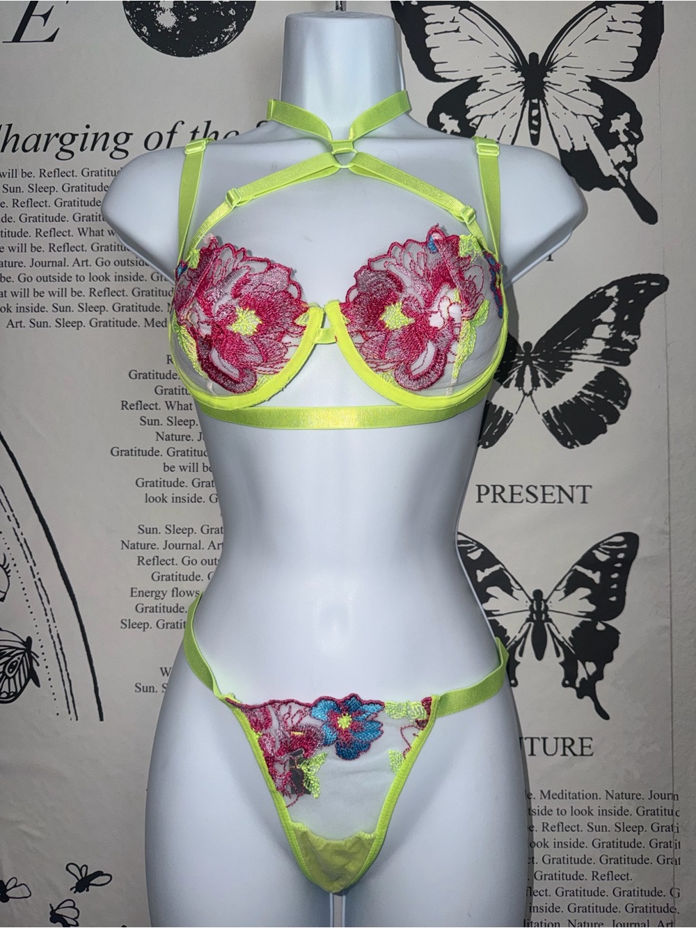 Floral Embroidered Lace Bra & Thong Set in Neon Yellow